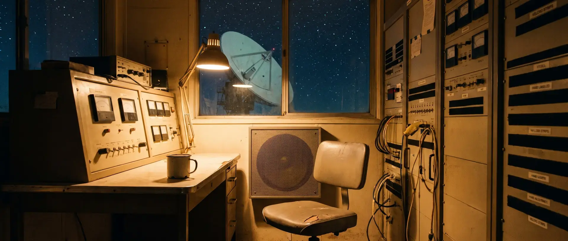 The empty control hut at the Atacama dish: consoles, a mug, a chair facing the speaker