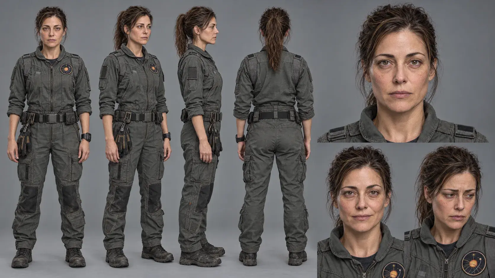 Character sheet for Ines Varga: front, three-quarter, side and back views in a worn grey flight suit with tool belt and gloves, plus close-ups of her face looking neutral, faintly amused and worried