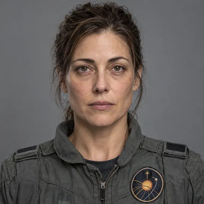 Ines Varga, a tired woman in her forties with dark hair tied back, in a grey flight suit with a mission patch